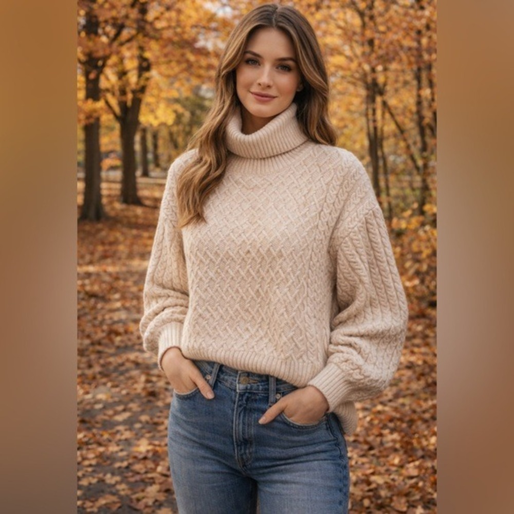 Truth by Republic Turtleneck Sweater Womens Medium Cream Excellent Cable Knit